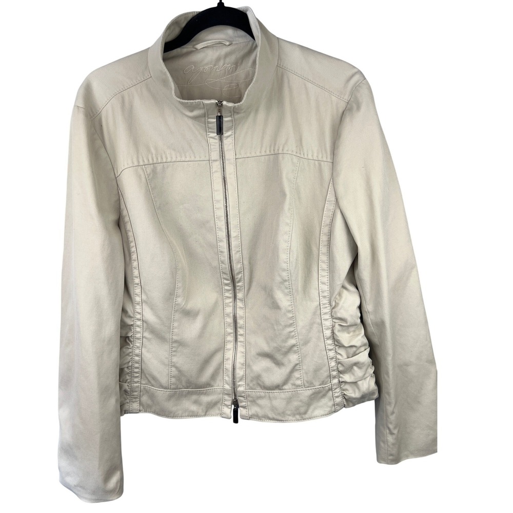 Escada Khaki Full Zip Funnel Neck Fitted Jacket Sz14 Ruched Side Panels Neutral